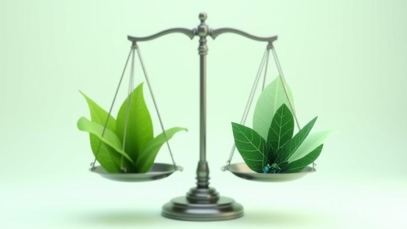 エコシステムのバランスを示す法的な天秤と植物